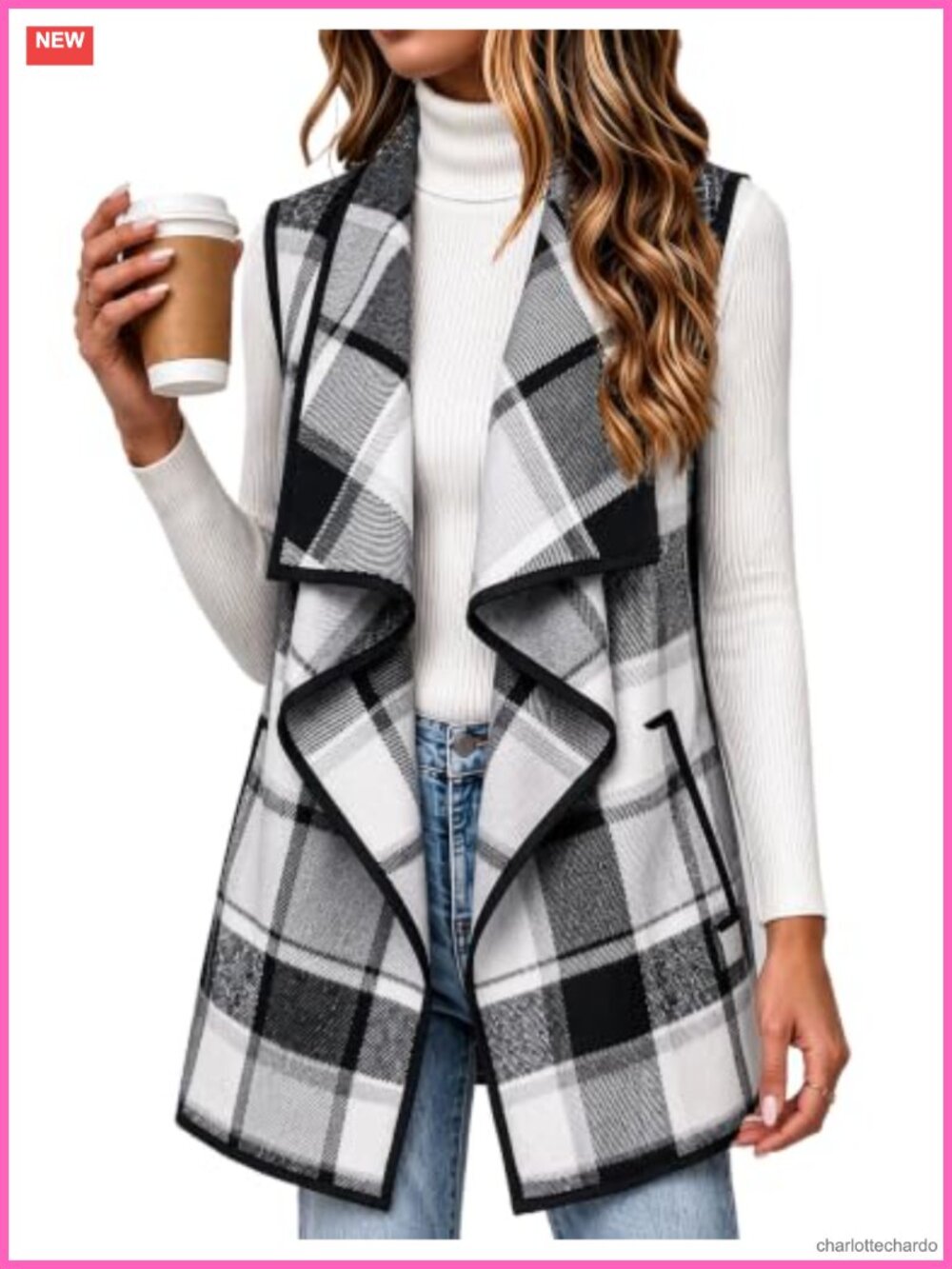 Women Long Plaid Flannel Vest Sleeveless Open Front Layering Coat Pockets